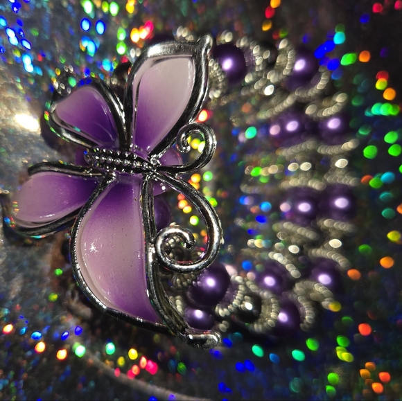 Fashion Jewelry I Butterfly Double Bracelet I Faux Purple Pearl I Expandable - Picture 2 of 9